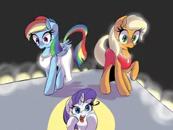 Size: 3200x2400 | Tagged: safe, artist:hananpacha, derpibooru import, applejack, rainbow dash, rarity, earth pony, pegasus, pony, alternate hairstyle, alternate tailstyle, and then there's rarity, applejack also dresses in style, catwalk, clothes, dress, fashion show, female, mare, modeling, rainbow dash always dresses in style