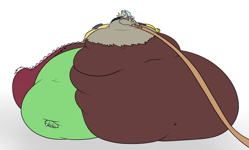 Size: 2689x1629 | Tagged: artist:the-furry-railfan, belly, belly button, bhm, big belly, bingo wings, blob, butt, chubby cheeks, derpibooru import, discord, draconequus, fat, fatcord, fat tail, feeding tube, food, hose, huge belly, huge butt, immobile, impossibly large belly, impossibly large butt, large butt, male, morbidly obese, neck roll, obese, pudding, questionable, simple background, solo, stuffing, white background