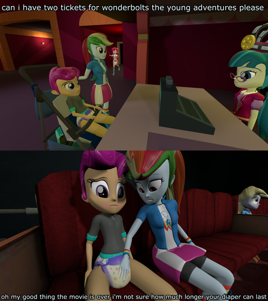 Size: 3840x4320 | Tagged: suggestive, artist:mrdoctorderpy, derpibooru import, edit, derpy hooves, juniper montage, pinkie pie, rainbow dash, scootaloo, butterfly, equestria girls, 3d, 4k, absurd resolution, blushing, boots, bow, cash register, cashier, cinema, clothes, cutie mark, cutie mark clothes, diaper, diaper check, diaper fetish, fetish, flower, glasses, hat, heart, high res, hoodie, necktie, panic, running, seat, shirt, shoes, shorts, sitting, skirt, socks, source filmmaker, stars, stroller, t-shirt, urine, vest, wall of tags, wet diaper