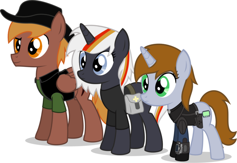 Size: 1270x874 | Tagged: safe, artist:logic-is-here, derpibooru import, oc, oc:calamity, oc:littlepip, oc:velvet remedy, unofficial characters only, pegasus, pony, unicorn, fallout equestria, fanfic, bag, cutie mark, dashite, fanfic art, female, fluttershy medical saddlebag, hat, hooves, horn, male, mare, medical saddlebag, pipbuck, saddle bag, simple background, stallion, transparent background, vector, wings