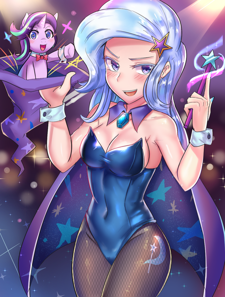 Size: 800x1055 | Tagged: safe, artist:tzc, derpibooru import, starlight glimmer, trixie, human, pony, unicorn, adorasexy, anime, blushing, bowtie, breasts, busty trixie, cape, clothes, cute, diatrixes, female, fishnets, glimmerbetes, hat, humanized, leotard, looking at you, magician outfit, nail polish, no underwear, open mouth, pantyhose, raised eyebrow, sexy, stupid sexy trixie, trixie's cape, trixie's hat, wand