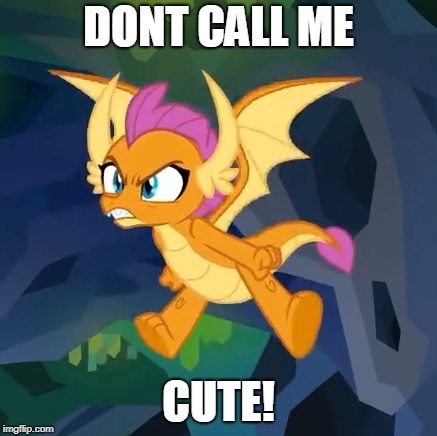 Size: 437x436 | Tagged: angry, caption, cropped, cute, derpibooru import, dragon, dragoness, edit, edited screencap, female, image macro, i'm not cute, madorable, meme, safe, screencap, smolder, smolderbetes, smoldere, solo, text, tsundere, what lies beneath
