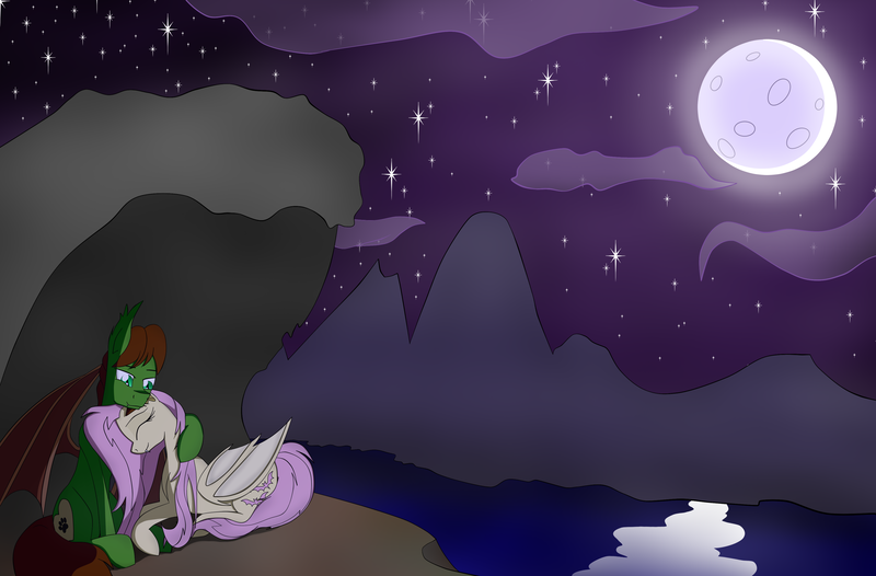 Size: 3800x2500 | Tagged: safe, artist:dualtry, derpibooru import, fluttershy, oc, bat pony, pony, affection, bat ponified, bat pony oc, bat wings, canon x oc, female, flutterbat, lake, love, male, mare, moon, moonlight, mountain, night, race swap, shipping, wings