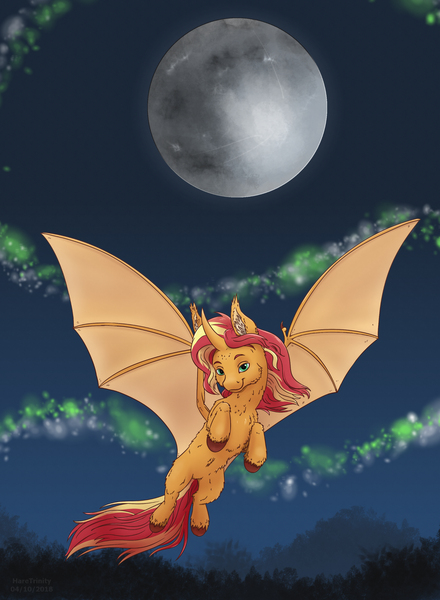 Size: 1600x2183 | Tagged: safe, artist:haretrinity, derpibooru import, sunset shimmer, alicorn, bat pony, bat pony alicorn, pony, alicornified, bat ponified, bat wings, female, horn, mare, moon, race swap, shimmercorn, smiling, solo, wings