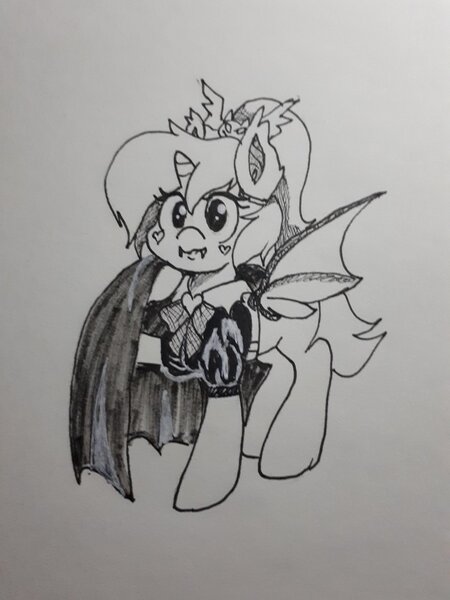 Size: 1024x1365 | Tagged: safe, artist:zsnowfilez, derpibooru import, oc, oc:chocolate frostheart, pony, unicorn, bat wings, female, mare, monochrome, solo, traditional art, wings