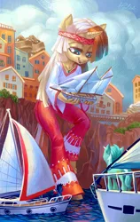 Size: 1417x2244 | Tagged: safe, artist:holivi, derpibooru import, lyra heartstrings, oc, oc:golden age, anthro, plantigrade anthro, unicorn, boat, city, clothes, commission, female, giantess, macro, ocean, signature, smiling, solo focus, water