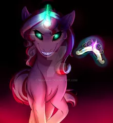 Size: 900x984 | Tagged: safe, artist:miamaha, derpibooru import, sunset shimmer, pony, unicorn, big crown thingy, element of magic, female, glowing eyes, jewelry, levitation, looking at you, magic, regalia, sharp teeth, solo, sunset satan, teeth, telekinesis