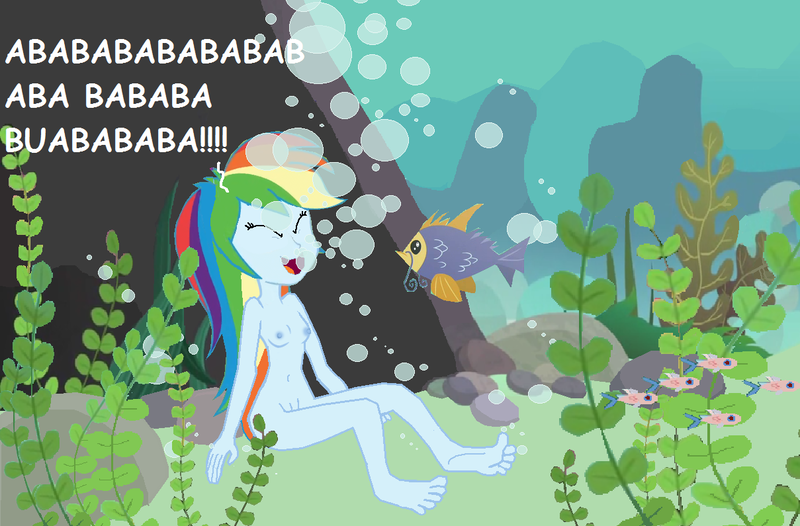 Size: 1209x795 | Tagged: explicit, artist:egskinnydippers101, derpibooru import, edit, rainbow dash, fish, human, equestria girls, aquaphilia, belly button, blowing bubbles, breasts, bubble, eyes closed, feet, female, fetish, gurgling, kelp, ms paint, nipples, nudity, ocean, reef, screaming, skinny dipping, smiling, soles, solo, solo female, toes, underwater, vulva