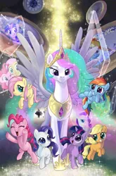 Size: 1280x1942 | Tagged: safe, artist:pencils, derpibooru import, idw, applejack, fluttershy, pinkie pie, princess celestia, rainbow dash, rarity, twilight sparkle, pony, unicorn, spoiler:comic, female, filly, filly fluttershy, filly pinkie pie, filly rainbow dash, filly rarity, filly twilight sparkle, mane six, mare, momlestia, my little pony: idw 20/20, needs more jpeg, unicorn twilight, younger