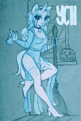 Size: 533x800 | Tagged: advertisement, alicorn, anthro, artist:yasuokakitsune, boots, broom, clothes, commission, costume, curvy, derpibooru import, dress, full body, halloween, halloween costume, holiday, jewelry, looking at you, monochrome, necklace, oc, poison, pumpkin, safe, shoes, sketch, solo, standing, standing on one leg, traditional art, vial, window, witch, ych example, your character here