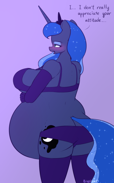 Size: 762x1226 | Tagged: questionable, artist:puetsua, derpibooru import, princess luna, alicorn, anthro, ass, belly, big belly, big breasts, blushing, bra, breasts, busty princess luna, butt, clothes, female, gloves, huge breasts, hyper, hyper belly, hyper pregnancy, impossibly large belly, lingerie, long gloves, moonbutt, panties, pregnant, purple background, simple background, socks, solo, solo female, stockings, talking to viewer, thigh highs, underwear, wingless, wingless anthro