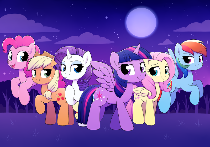 Size: 4000x2800 | Tagged: safe, artist:moozua, derpibooru import, applejack, fluttershy, pinkie pie, rainbow dash, rarity, twilight sparkle, twilight sparkle (alicorn), alicorn, earth pony, pegasus, pony, unicorn, full moon, looking at you, mane six, moon, night, princewhateverer, smiling, spread wings, wings