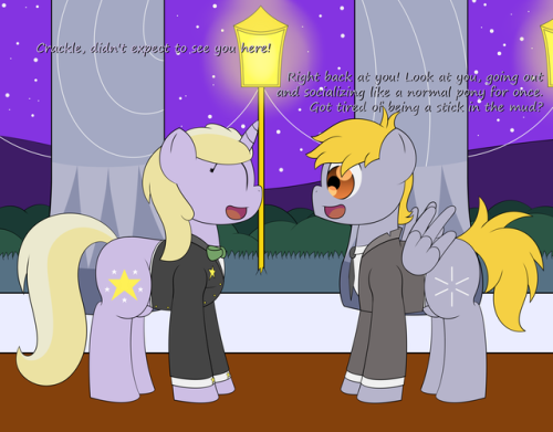 Size: 500x391 | Tagged: safe, artist:shining-bonds, derpibooru import, crackle pop, dinky hooves, pegasus, pony, unicorn, brother and sister, colt, dialogue, female, filly, formal, male, shining bonds, siblings