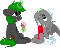 Size: 1024x818 | Tagged: safe, artist:kellythedrawinguni, derpibooru import, oc, oc:intrepid scholar, oc:winter rose, unofficial characters only, bat pony, pony, unicorn, clothes, female, food, ice cream, magic, male, mare, scarf, simple background, stallion, transparent background