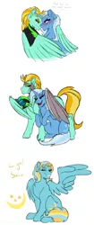 Size: 1714x4096 | Tagged: safe, artist:percy-mcmurphy, derpibooru import, lightning dust, trixie, oc, oc:light show, pegasus, pony, unicorn, amputee, artificial wings, augmented, bedroom eyes, clothes, female, helmet, hug, lesbian, magical lesbian spawn, mare, offspring, one eye closed, parent:lightning dust, parent:trixie, parents:trixiedust, prosthetic limb, prosthetic wing, prosthetics, scar, shipping, simple background, trixiedust, uniform, washouts uniform, white background, wing hands, winghug, wings, wink
