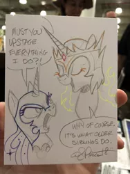 Size: 768x1024 | Tagged: safe, artist:andypriceart, derpibooru import, daybreaker, nightmare moon, alicorn, pony, andy you magnificent bastard, dialogue, duo, female, mare, siblings, sisters, sketch, traditional art
