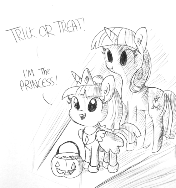 Size: 1280x1363 | Tagged: safe, artist:tjpones, derpibooru import, twilight sparkle, twilight velvet, pony, unicorn, alicorn costume, clothes, costume, cute, daaaaaaaaaaaw, fake wings, female, filly, gap teeth, halloween, holiday, hoof shoes, horn, inktober, lineart, mare, mother and child, mother and daughter, nightmare night, pumpkin bucket, speech, talking, tooth gap, trick or treat, twiabetes, wings