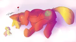 Size: 2560x1440 | Tagged: artist:fuzzypones, big macintosh, crush plush, derpibooru import, ear fluff, floating heart, fluttershy, giggling, heart, implied fluttermac, implied shipping, implied straight, male, missing accessory, plushie, safe, side, solo
