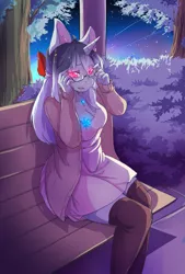 Size: 3145x4658 | Tagged: safe, artist:hakkids2, derpibooru import, oc, unofficial characters only, anthro, unicorn, anthro oc, bench, bow, clothes, commission, dress, female, glasses, glowing eyes, hair bow, jacket, mare, open mouth, park, sitting, socks, solo, stockings, thigh highs, tree, ych result