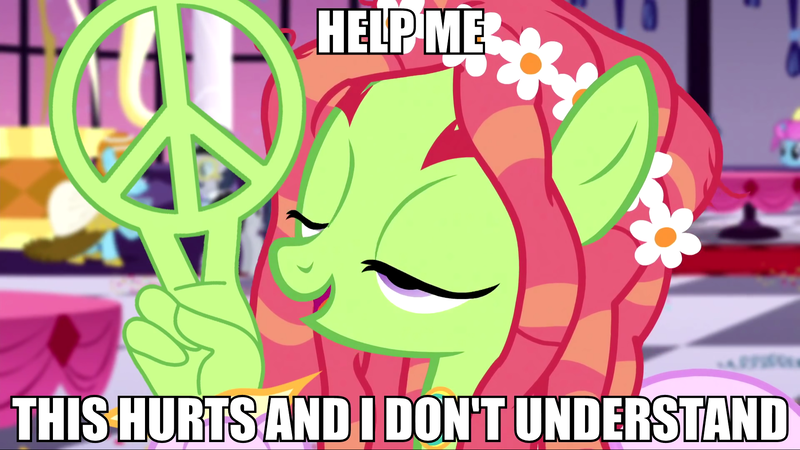 Size: 1920x1080 | Tagged: safe, artist:dwk, derpibooru import, edit, edited screencap, screencap, tree hugger, pony, totally legit recap, make new friends but keep discord, caption, hurr durr, image macro, lidded eyes, meme, peace sign, solo focus, suddenly hands, text, wat