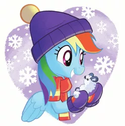 Size: 1364x1373 | Tagged: safe, artist:tonyfleecs, derpibooru import, rainbow dash, pegasus, pony, winterchilla, best gift ever, book:best gift ever, clothes, cute, dashabetes, female, hat, heart, heart background, mare, scarf, simple background, smiling, white background