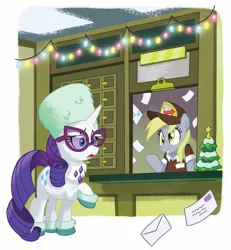 Size: 1257x1360 | Tagged: safe, artist:tonyfleecs, derpibooru import, derpy hooves, rarity, pony, unicorn, best gift ever, book:best gift ever, clothes, derpy the mailmare, duo, female, glasses, hat, mailmare, mailmare hat, mare, raised hoof, uniform