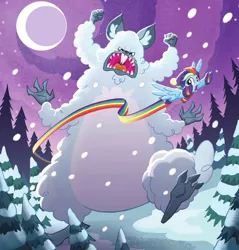 Size: 1418x1484 | Tagged: safe, artist:tonyfleecs, derpibooru import, rainbow dash, pegasus, pony, winterchilla, best gift ever, book:best gift ever, female, mare, monster, moon, pine tree, rainbow trail, snow, speed trail, tree, winterzilla