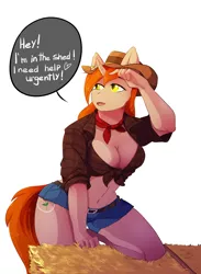 Size: 2200x3000 | Tagged: suggestive, artist:hakkids2, derpibooru import, oc, oc:debra rose, unofficial characters only, anthro, unicorn, anthro oc, belly button, breasts, cleavage, clothes, commission, cowboy hat, daisy dukes, dialogue, female, freckles, front knot midriff, hat, hay, hay bale, heart, midriff, open mouth, shirt, shorts, simple background, solo, solo female, speech bubble, white background, ych result