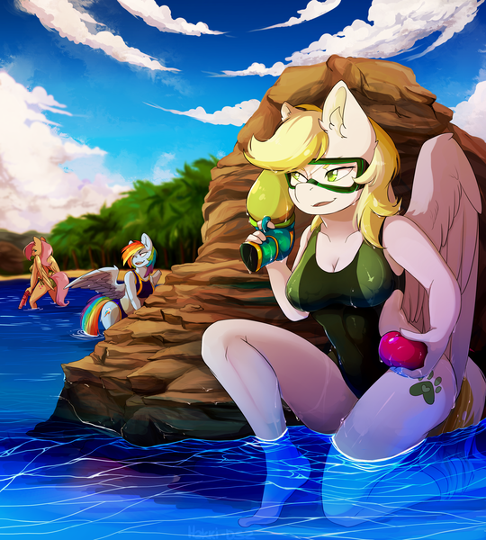 Size: 2791x3100 | Tagged: anthro, anthro oc, artist:hakkids2, beach, breasts, clothes, cloud, commission, derpibooru import, female, fluttershy, goggles, oc, oc:dandelion blossom, one-piece swimsuit, open mouth, pegasus, rainbow dash, safe, sand, sky, swimming goggles, swimsuit, tree, water, water balloon, watergun, ych result