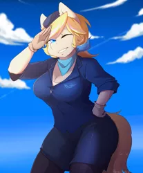 Size: 2900x3500 | Tagged: anthro, anthro oc, artist:hakkids2, clothes, cloud, derpibooru import, female, gloves, hat, oc, oc:rafale, one eye closed, safe, salute, sky, solo, stewardess, unofficial characters only, wink