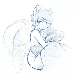 Size: 1992x1998 | Tagged: anthro, artist:ambris, breasts, derpibooru import, female, monochrome, nudity, older, older scootaloo, pillow, scootaloo, simple background, sketch, solo, solo female, suggestive, white background