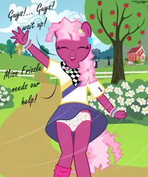 Size: 2836x3380 | Tagged: suggestive, artist:tolpain, derpibooru import, cheerilee, anthro, 80s, 80s cheerilee, apple, apple tree, bracelet, bush, cheeribetes, cheerileeder, cheerleader, clothes, cloud, cute, daisy (flower), day, dialogue, eyes closed, fence, flower, food, fruit, grass, house, jewelry, legs, magic school bus, miss frizzle, ms. frizzle, offscreen character, open mouth, outdoors, panties, panty shot, pathway, ponyville schoolhouse, pov, reference, school, schoolgirl, skirt, skirt lift, sky, smiling, solo, standing, starry underwear, tree, underwear, upskirt, wall of tags, waving, wind, younger