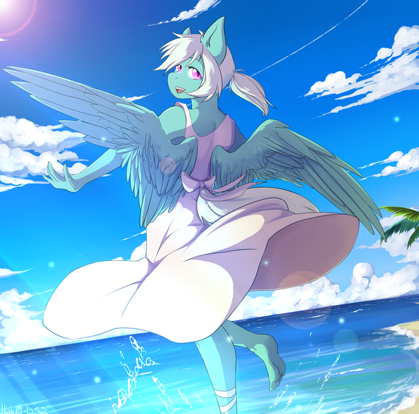 Size: 3500x3455 | Tagged: anthro, artist:hakkids2, barefoot, beach, clothes, cloud, derpibooru import, dress, ear fluff, feet, female, fleetfoot, looking at you, looking back, mare, ocean, open mouth, pegasus, plantigrade anthro, safe, sky, smiling, solo, spinning, spread wings, sundress, water, wing fluff, wings