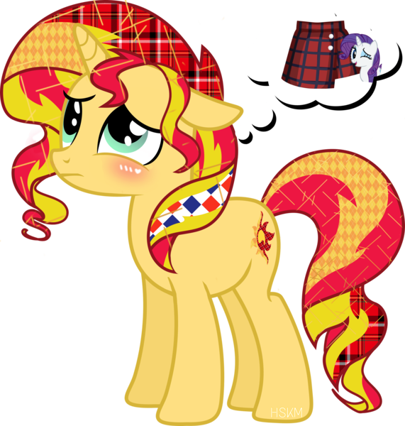 Size: 2758x2900 | Tagged: safe, artist:hisakimi, derpibooru import, rarity, sunset shimmer, pony, equestria girls, blushing, floppy ears, mane, newspaper, plaid, simple background, tail, thought bubble, transparent background, unmoving plaid