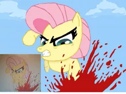 Size: 879x658 | Tagged: semi-grimdark, artist:fartail, derpibooru import, fluttershy, pegasus, pony, smile hd, angry, blood, female, gritted teeth, mare, paint.net, punch, solo