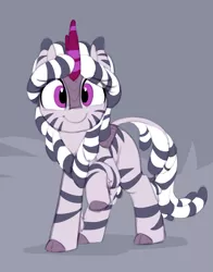 Size: 1039x1322 | Tagged: safe, artist:shinodage, derpibooru import, oc, oc:zala, unofficial characters only, kirin, zebra, sounds of silence, cloven hooves, cute, female, kirinified, ocbetes, simple background, smiling, solo, species swap, stripes, zebra kirin