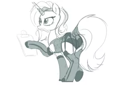 Size: 2000x1365 | Tagged: suggestive, artist:raps, derpibooru import, sassy saddles, pony, unicorn, assy saddles, butt, clothes, corset, female, garter belt, garters, lingerie, mare, monochrome, open mouth, panties, plot, sexy saddles, socks, solo, solo female, stockings, tail wrap, thigh highs, underwear