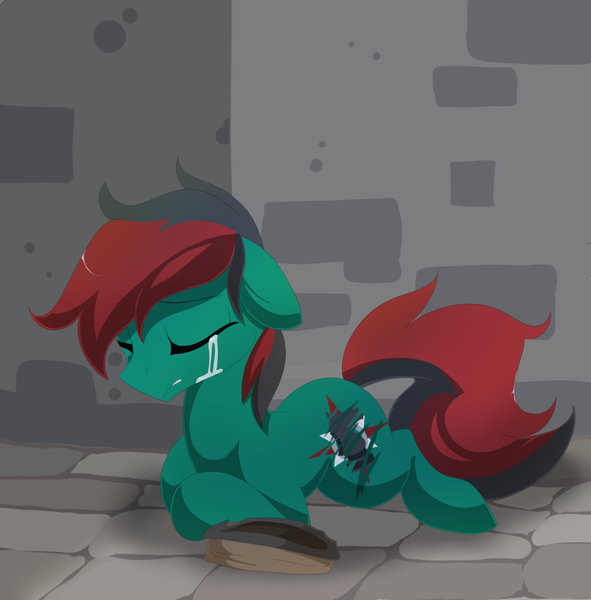 Size: 1024x1040 | Tagged: safe, artist:xsidera, derpibooru import, oc, oc:forest farseer, unofficial characters only, earth pony, pony, crying, cutiemarking, dark, eyes closed, floppy ears, frown, gritted teeth, homeless, male, prone, sad, solo, stallion