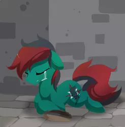 Size: 1024x1040 | Tagged: safe, artist:xsidera, derpibooru import, oc, oc:forest farseer, unofficial characters only, earth pony, pony, crying, cutiemarking, dark, eyes closed, floppy ears, frown, gritted teeth, homeless, male, prone, sad, solo, stallion