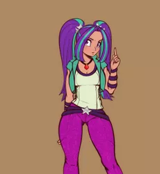 Size: 1102x1200 | Tagged: safe, artist:scorpdk, derpibooru import, aria blaze, human, equestria girls, ariabetes, clothes, cute, female, gem, human coloration, humanized, jewelry, looking at you, necklace, pants, simple background, siren gem, solo, thighs, thunder thighs, underass