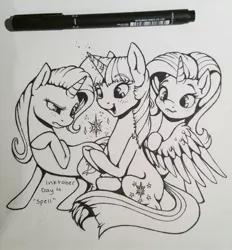 Size: 1280x1379 | Tagged: safe, artist:eternalsubscriber, derpibooru import, starlight glimmer, trixie, twilight sparkle, twilight sparkle (alicorn), alicorn, pony, unicorn, female, inktober, monochrome, open mouth, smiling, traditional art