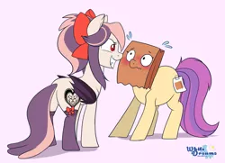 Size: 3067x2218 | Tagged: safe, artist:xwhitedreamsx, derpibooru import, oc, oc:paper bag, oc:sweet velvet, unofficial characters only, bat pony, pony, blushing, female, grin, looking at each other, mare, nervous, paper bag, purple background, simple background, smiling, sweat, sweatdrops