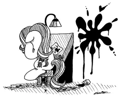 Size: 2032x1609 | Tagged: safe, artist:bobthedalek, derpibooru import, starlight glimmer, pony, black and white, desk, female, grayscale, ink, ink drawing, inktober, inktober 2018, inkwell, mare, monochrome, simple background, splatter, stool, stressed, traditional art, white background