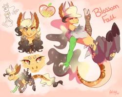 Size: 1280x1024 | Tagged: safe, artist:bananapie323, artist:qatsby, derpibooru import, oc, oc:blossom fall, unofficial characters only, draconequus, hybrid, apple, chest fluff, cloven hooves, draconequus oc, ethereal mane, female, food, horns, image, interspecies offspring, multicolored iris, name, offspring, parent:applejack, parent:discord, parents:applecord, peace sign, png, signature, solo, starry mane, tongue out, underhoof