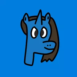 Size: 2048x2048 | Tagged: artist needed, safe, derpibooru import, oc, oc:cobalt opus, unofficial characters only, pony, unicorn, artist unverified, blue background, blue coat, brown eyes, brown mane, colored, flat colors, simple background, solo