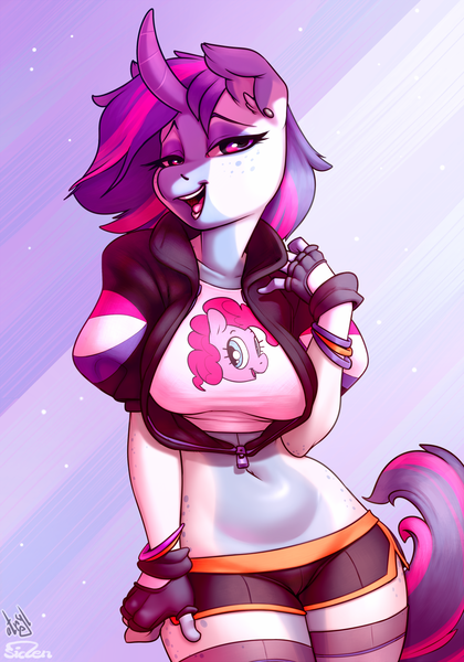 Size: 910x1300 | Tagged: suggestive, artist:atryl, artist:siden, derpibooru import, pinkie pie, oc, oc:aqua jewel, unofficial characters only, anthro, unicorn, anthro oc, breasts, clothes, collaboration, commission, female, lidded eyes, looking at you, mare, shirt, shorts, smiling, solo, solo female, ych result