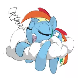 Size: 1000x1000 | Tagged: safe, artist:baigak, derpibooru import, rainbow dash, pegasus, pony, cloud, eyes closed, female, mare, on a cloud, onomatopoeia, open mouth, simple background, sleeping, solo, sound effects, white background, zzz