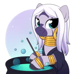 Size: 2411x2354 | Tagged: alternate hairstyle, alternate version, artist:moozua, bracelet, bubble, cauldron, clothes, costume, cute, derpibooru import, ear piercing, earring, female, jewelry, looking at you, neck rings, nightmare night, piercing, quadrupedal, safe, solo, zebra, zecora, zecorable
