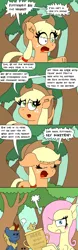 Size: 1000x3200 | Tagged: safe, artist:bjdazzle, derpibooru import, applejack, fluttershy, winter flame, earth pony, kirin, pegasus, pony, sounds of silence, stare master, blushing, chibi, comic, concerned, determined, female, mare, mute, quiet, season 8 homework assignment, serious, serious face, shhh, speech bubble, speechless, teary eyes, tree, trophy, uh oh, world champ, worried