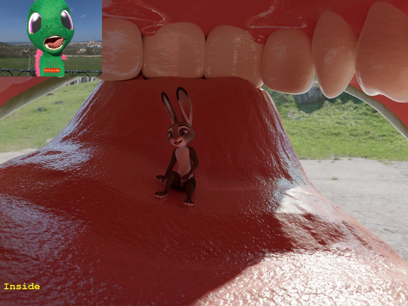 Size: 3840x2880 | Tagged: questionable, artist:ponyguy456, derpibooru import, oc, oc:ponlets, 3d, 4k, blender, crossover, cycles, fetish, judy hopps, models, mouth, mouth cam, render, tongue out, vore, zootopia